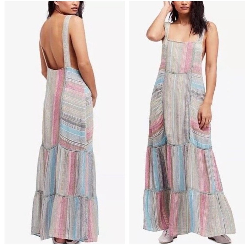 Free People Anika Colorful Striped Tiered Maxi Dress Open Back Boho Size Small